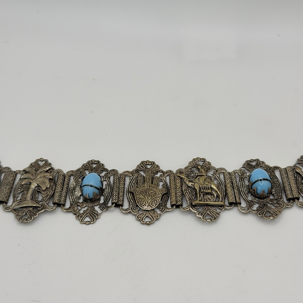 Vintage Egyptian Revival Bracelet Faux Turquoise Silver Plate Arabic Filigree